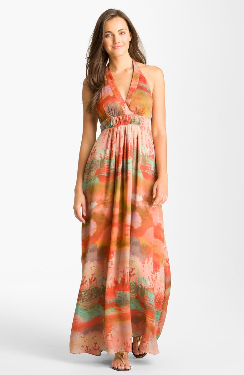 JESSICA SIMPSON Print Halter Crêpe de Chine Maxi Dress, Main, color, APRICOT