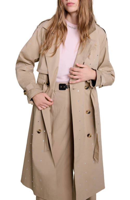 Shop Maje Studded Elastic Waist Trench Coat In Beige