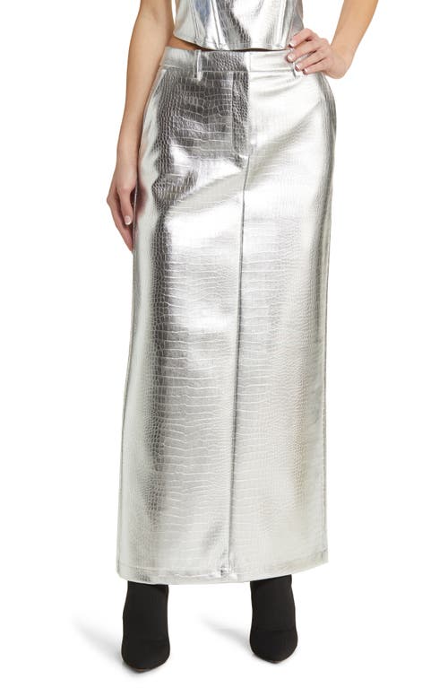 Metallic Croc Embossed Maxi Skirt in Silver Colour Detail