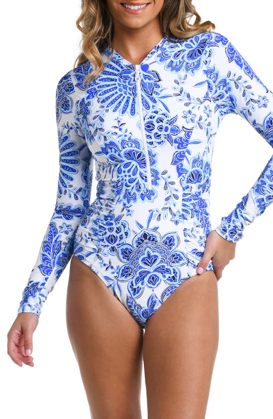 Shop La Blanca Beyond Rashguard Long Sleeve One-piece Swimsuit In Blue