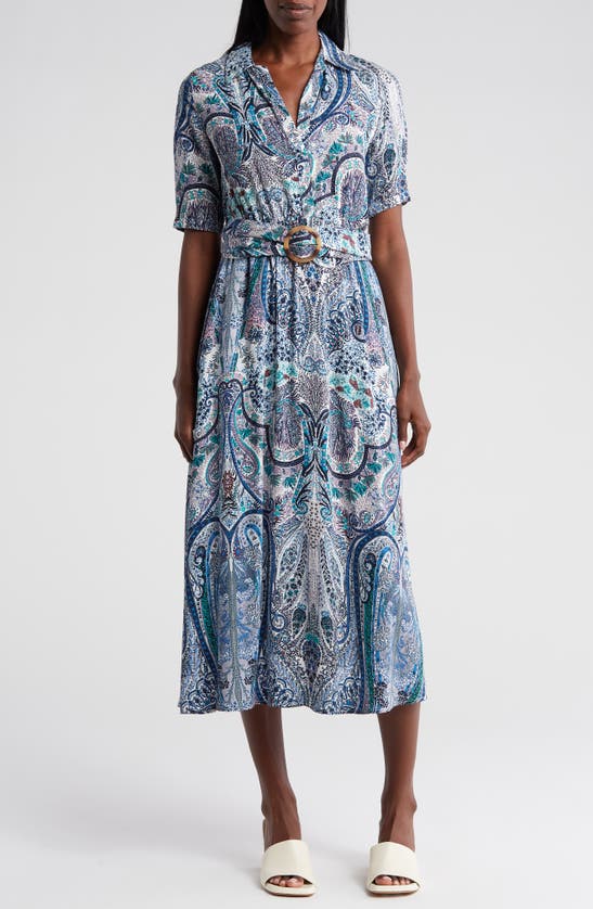 T Tahari Elbow Sleeve Belted Shirtdress In Paisley Print