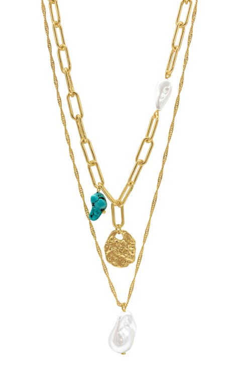 14K Gold Plate Imitation Pearl & Turquoise Bead Necklace