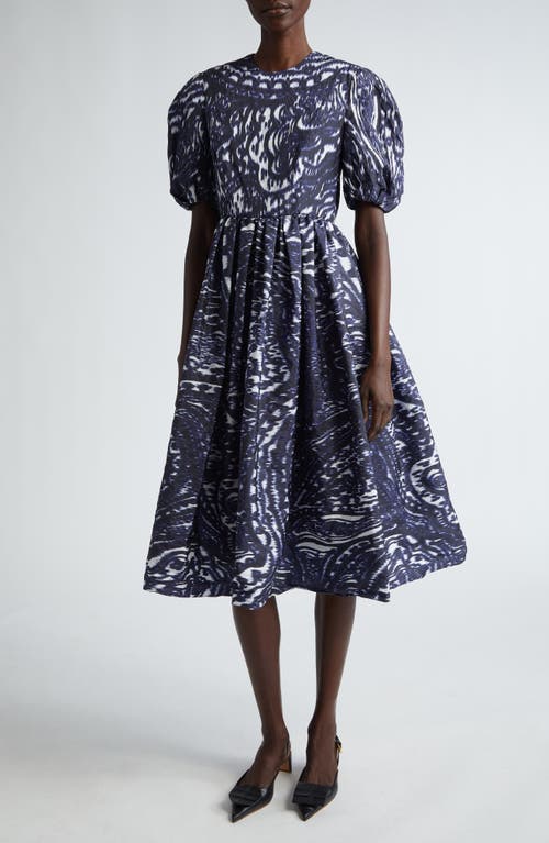 Shop Erdem Ikat Puff Sleeve A-line Midi Dress In Blue