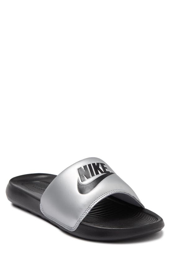 Nike Victori Slide Sandal In Black/ Metallic Silver/ Black