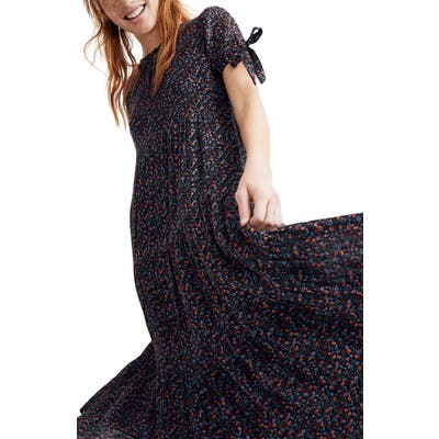Madewell Fieldwalk Floral Tie Sleeve Tiered Midi Dress, Black