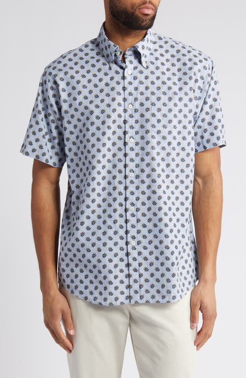 Neat Floral Short Sleeve Linen & Cotton Button-Down Shirt in Chambray
