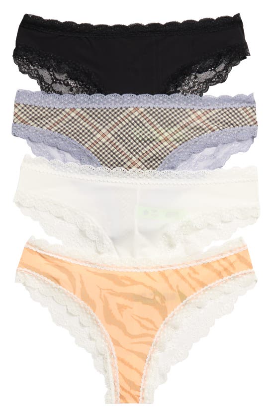 Honeydew Intimates 4-pack Lace Hipster Thongs In Orange/ White/ Plaid/ Black