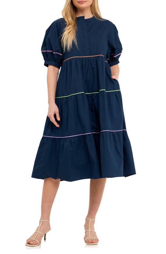 English Factory Tiered Puff Sleeve Cotton Midi Dress In Navy | ModeSens