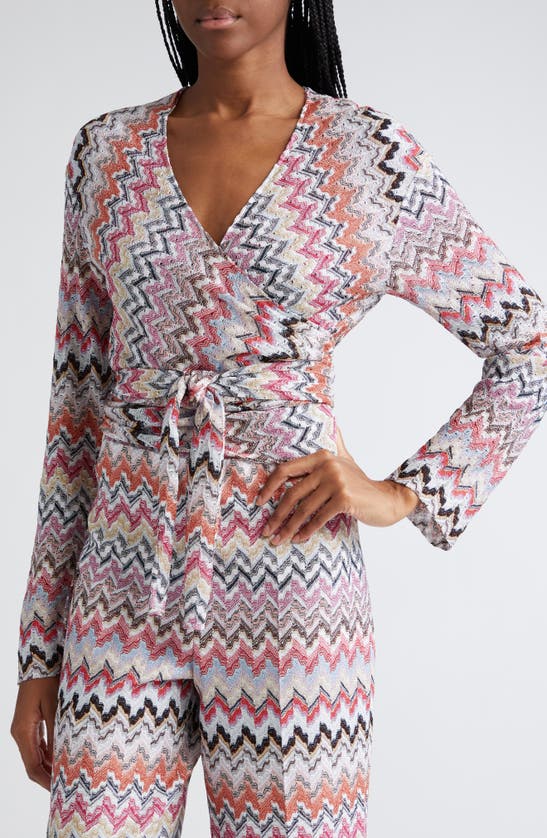 Shop Missoni Long Sleeve Chevron Jumpsuit In Pink White Tones Multi