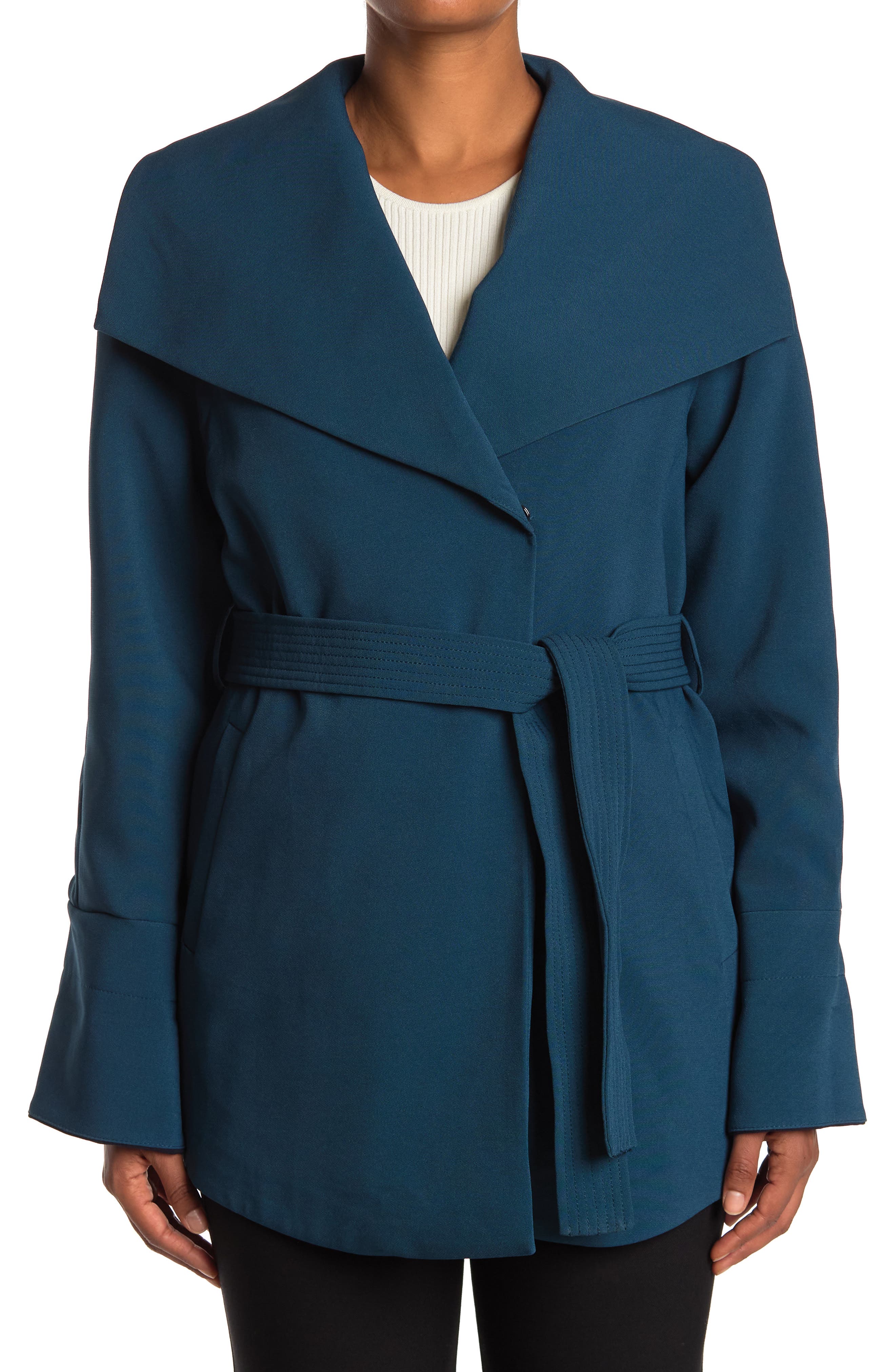 T Tahari Riley Crepe Draped Coat x Small / Teal