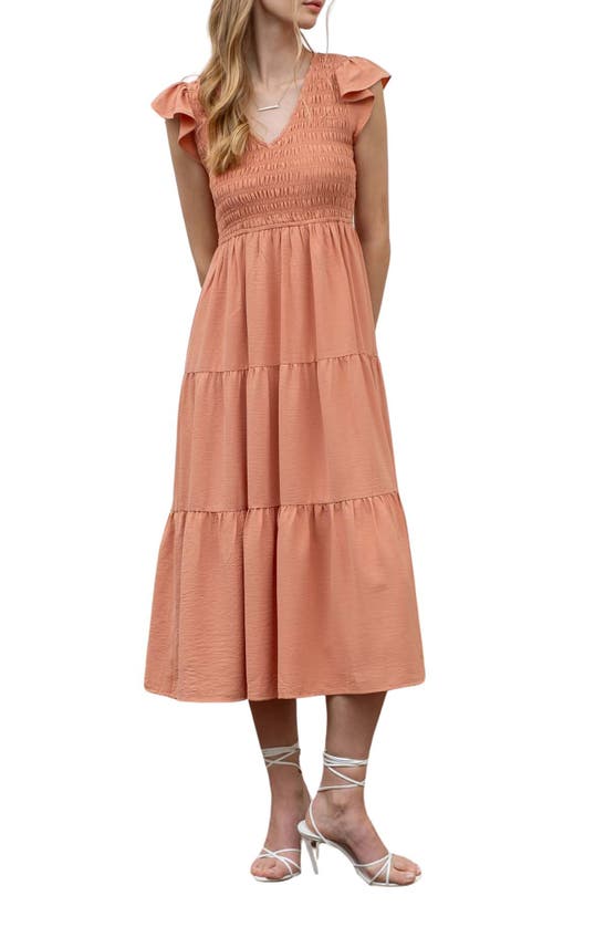 Blu Pepper Flutter Sleeve Midi Dress In Peach