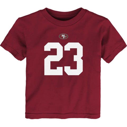 Men's Majestic Threads Christian McCaffrey Cream/Scarlet San Francisco 49ers  Player Name & Number Raglan 3/4-Sleeve T-Shirt