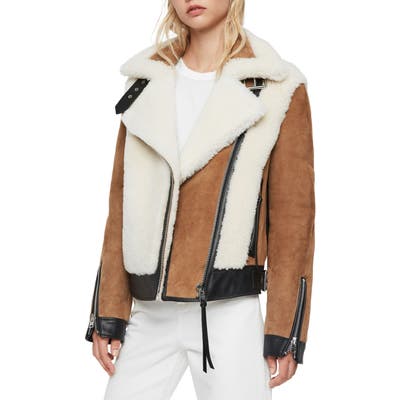 Allsaints Elisa Genuine Shearling & Leather Coat, Brown