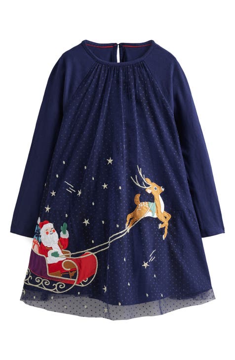 Kids' Santa Appliqué Long Sleeve Shift Dress (Toddler, Little Kid & Big Kid)
