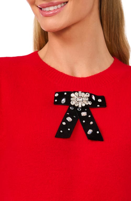 Cece Embellished Velvet Bow Short Sleeve Sweater In Bright Cherry