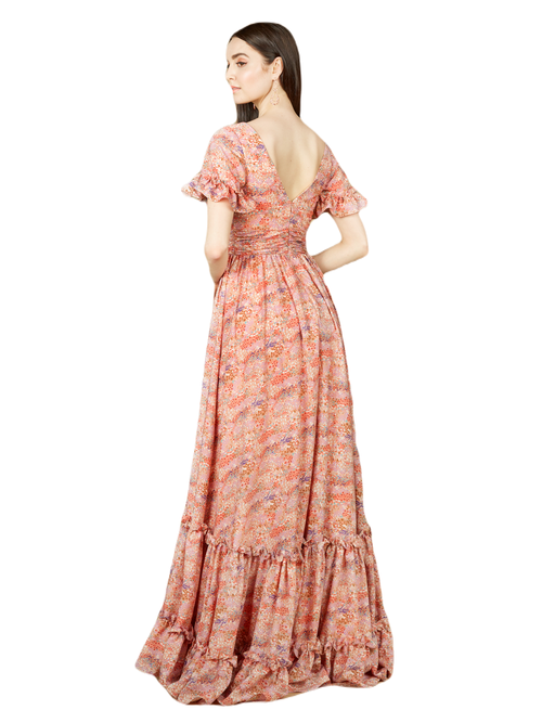 Shop Lara New York Long Print Gown With Cap Sleeves In Pink