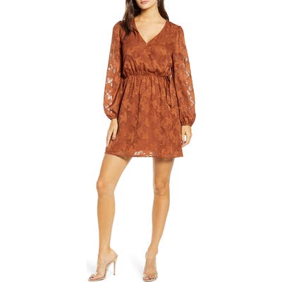 All In Favor Floral Jacquard Wrap Front Long Sleeve Minidress, Brown