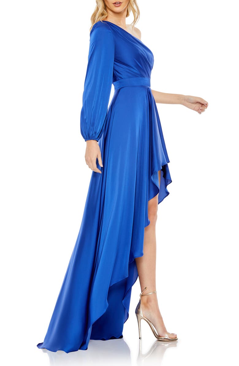 Ieena for Mac Duggal One-Shoulder Long Sleeve Satin High/Low Gown ...