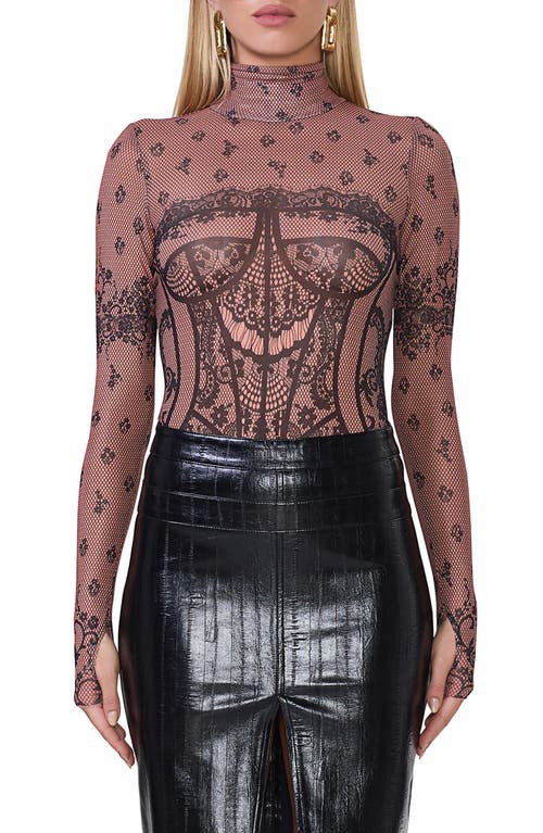 Afrm Zadie Print Turtleneck Mesh Top In Noir Bustier