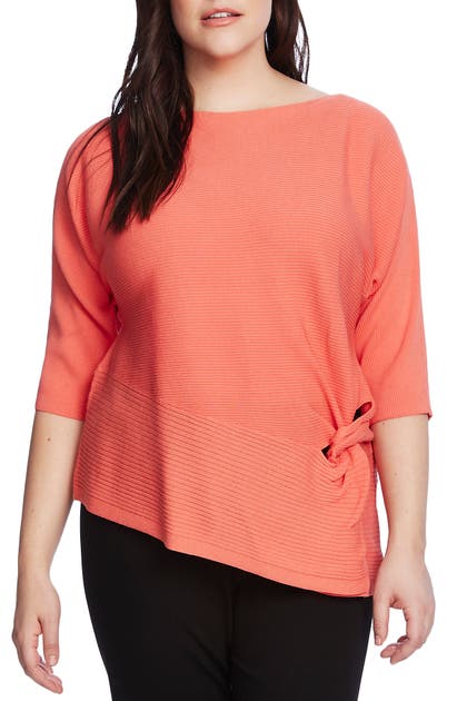 Vince Camuto Twist Dolman Sleeve Ribbed Asymmetrical Top In Bright Coral