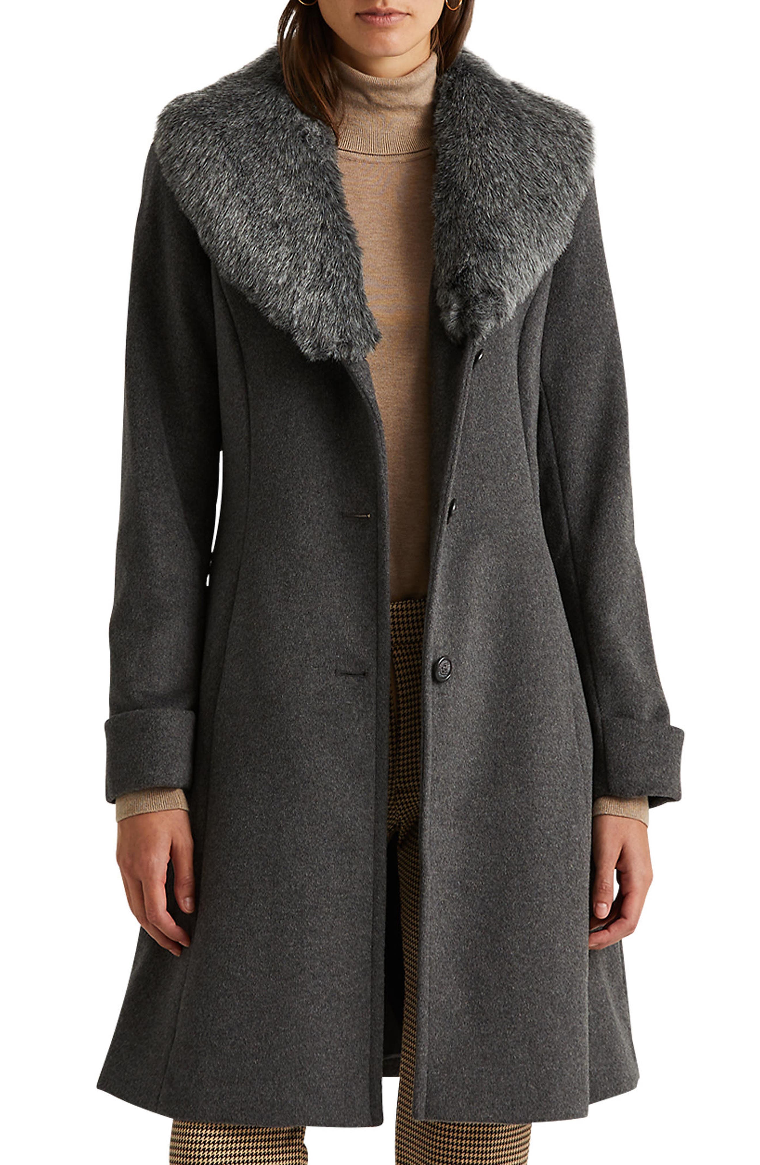 faux fur shawl collar wool look coat