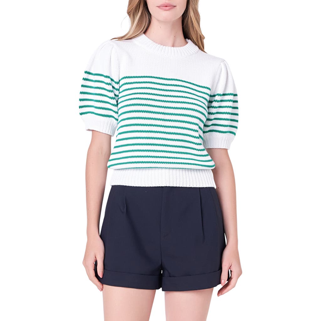 English Factory Stripe Short Puff Sleeve Sweater In White