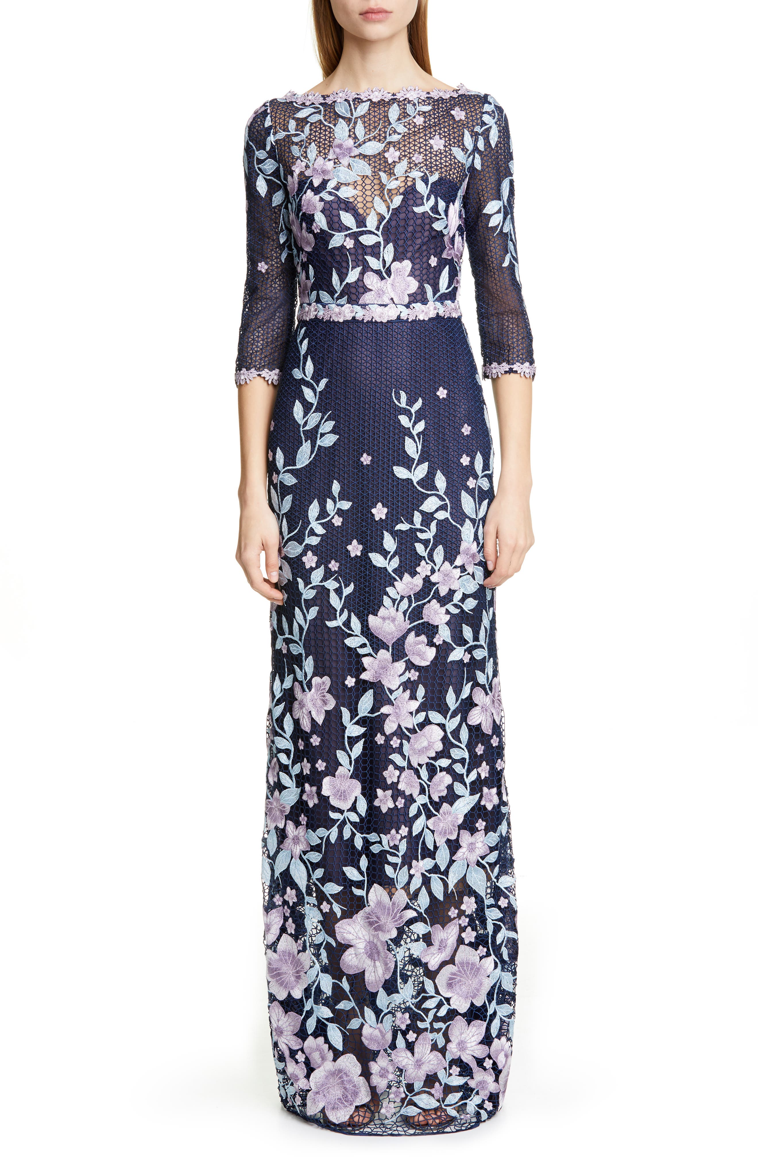 Marchesa Notte Embroidered Floral Sheath Gown, Blue