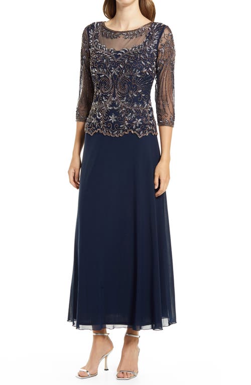Pisaro Nights Beaded Mesh Mock Two-Piece Gown in Carbon