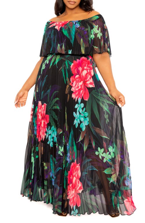 BUXOM COUTURE Floral Pleated Off the Shoulder Maxi Dress Black Multi at Nordstrom,