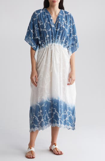 Stitchdrop Seaprise Embroidered Dip Dye Cotton Midi Dress In Blue