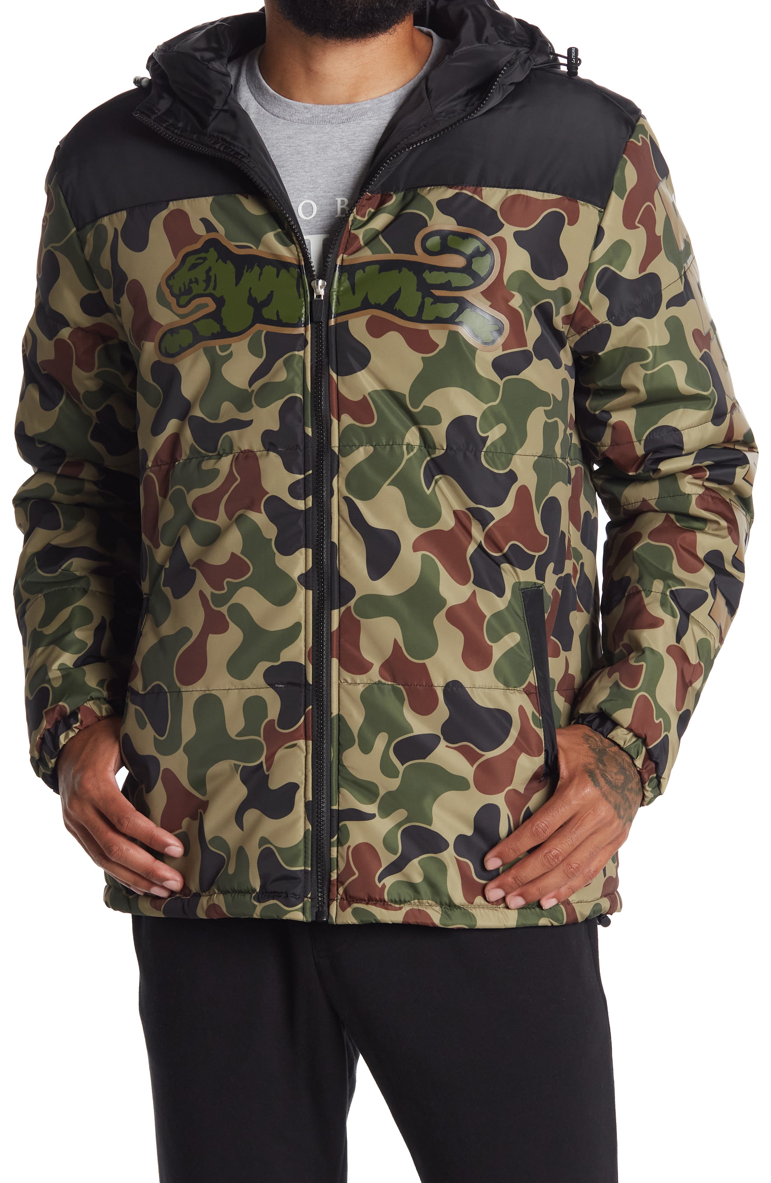 camo hooded puffer jacket