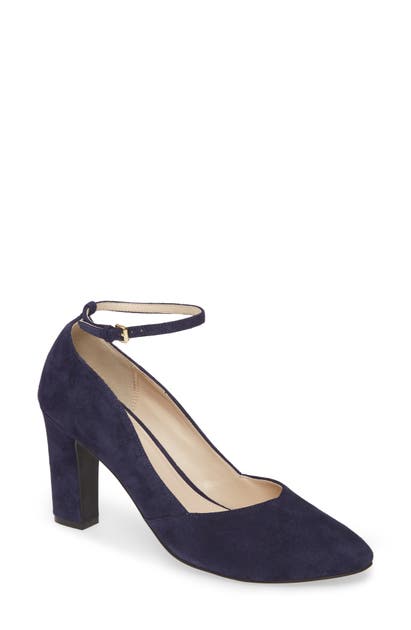 Click to view more detailed imagery on our partner's website Cole Haan Kaelyn Ankle Strap Pump In Marine Blue Suede