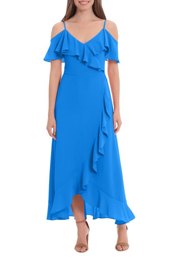 London Times Cold Shoulder Ruffle Maxi Dress In Dirblue