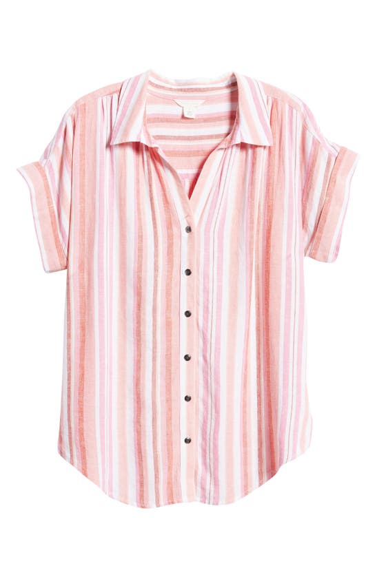 Caslon Short Sleeve Linen Blend Camp Shirt In White- Coral Pink Aria Stripe