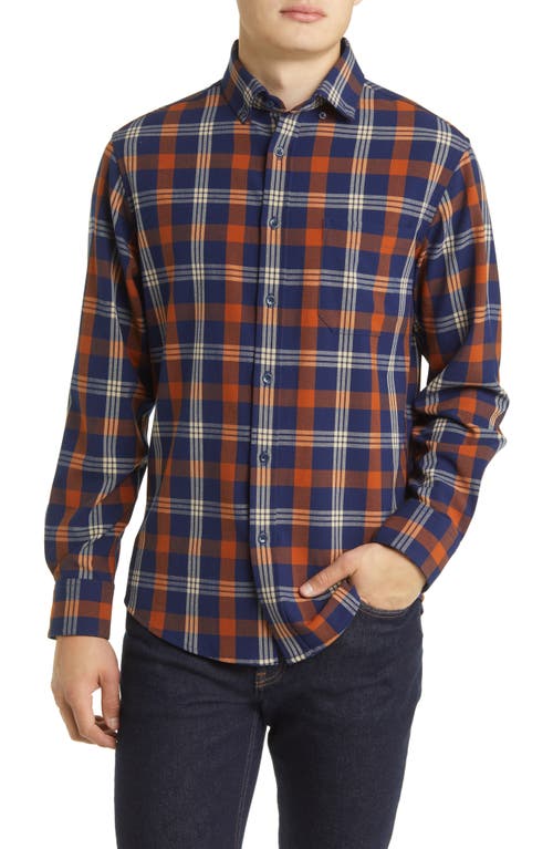 Mizzen+Main Men's City Trim Fit Plaid Stretch Flannel Button-Down Shirt in Rust Tan Large Multi Plaid