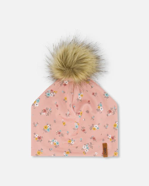 Deux Par Deux Girl's Detachable Pompom Hat Little Flowers Print at Nordstrom