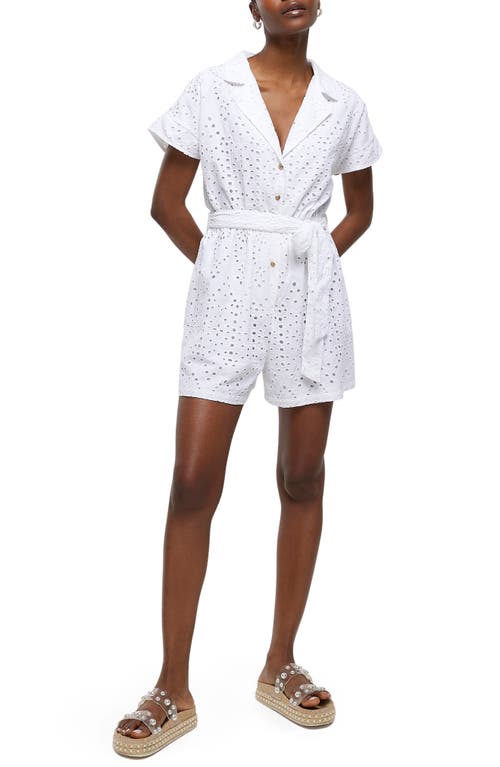 River Island Short Sleeve Broderie Lace Utility Romper in White