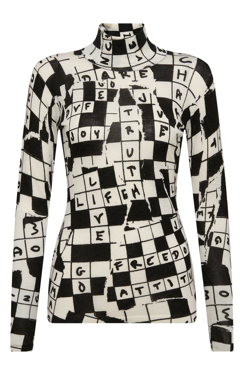 Diane von Furstenberg Brandy Crossword Print Merino Wool Turtleneck