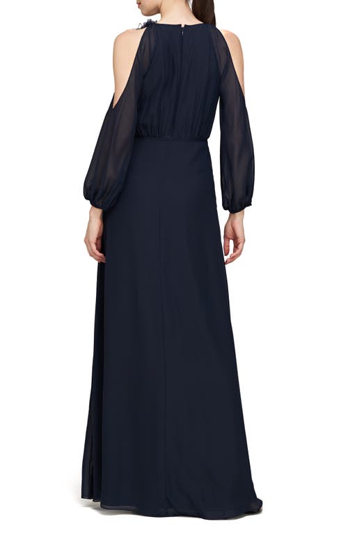 Shop Js Collections Amanza Bracelet Sleeve Cold Shoulder Gown In Navy