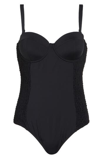 Shop Betsey Johnson Smocked Corset One-piece Swimsuit In Black