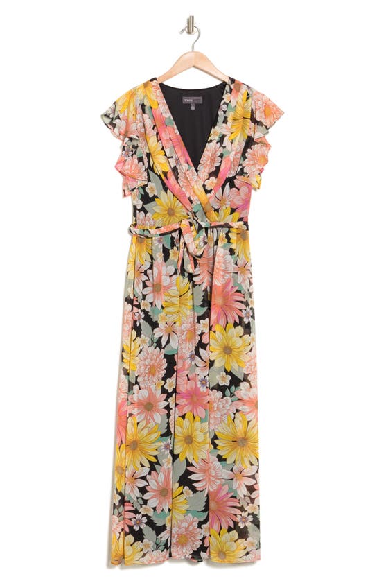 Shop Donna Ricco Flutter Sleeve Pleated Maxi Dress In Pink/yellow Multi