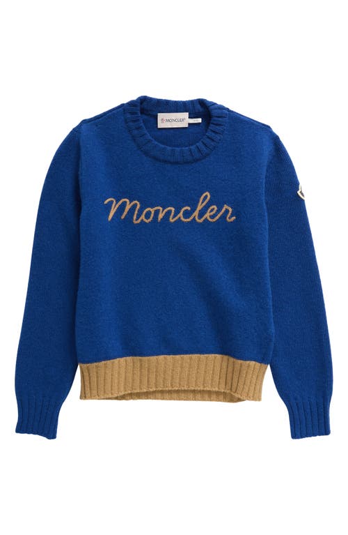 Shop Moncler Kids' Embroidered Logo Virgin Wool Crewneck Sweater In Blue