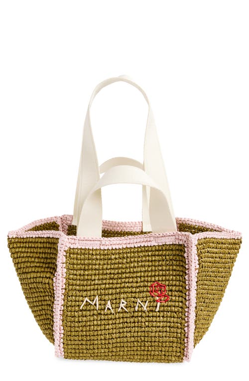 Shop Marni Small Sillo Woven Raffia Tote In Olive/green