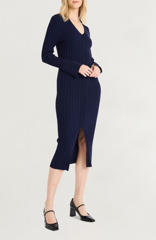 Shop Luxely Long Sleeve Rib Body-con Dress In Evening Blue