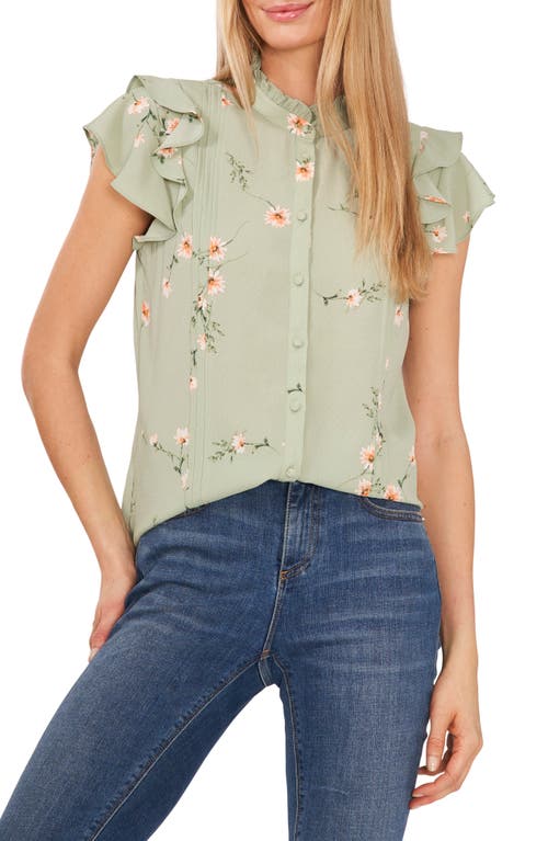 CeCe Floral Print Ruffle Pintuck Blouse in Beige