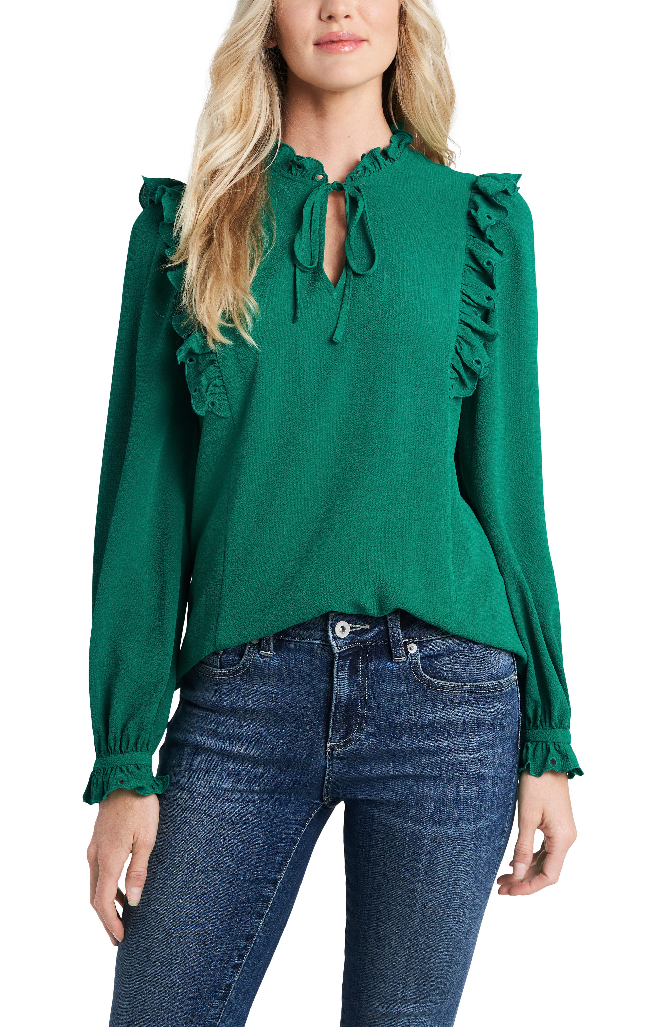 Cece By Cynthia Steffe Ruffle Neck Long Sleeve Blouse In Vibrant Kelly