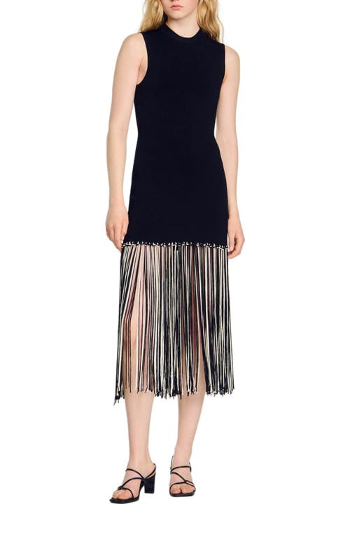 Sandro Fringed Dress In Black/ecru