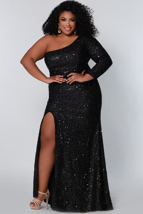 Sydney's Closet One-shoulder Long Sleeve Sequin Plus Size Gown In Onyx