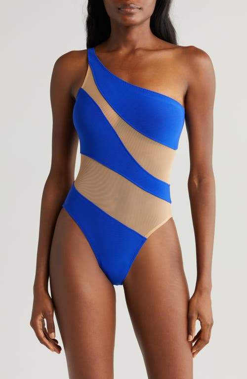 Norma Kamali Snake Mesh One-shoulder Swimsuit In Electric Blue/nude