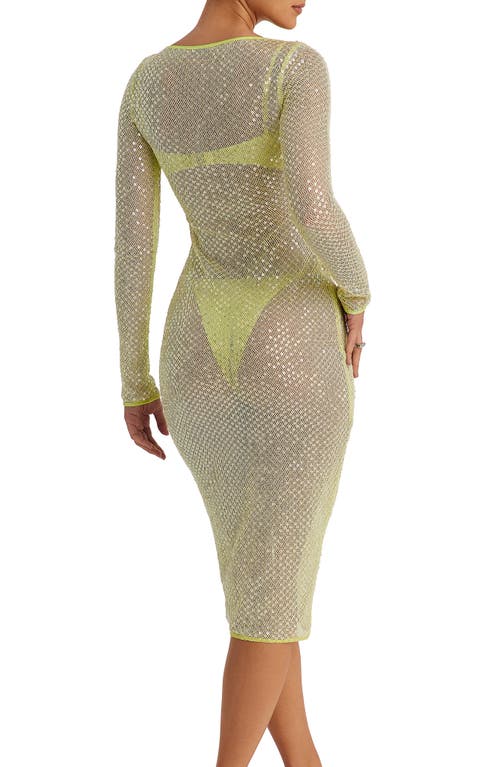 Mistress Rocks Long Sleeve Sequin Mesh Midi Dress, Bra & Panties Set In Lime